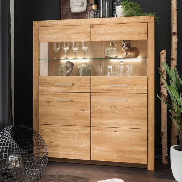Highboard Vitrine 2 Glastüren Wildeiche Massivholz günstig online kaufen
