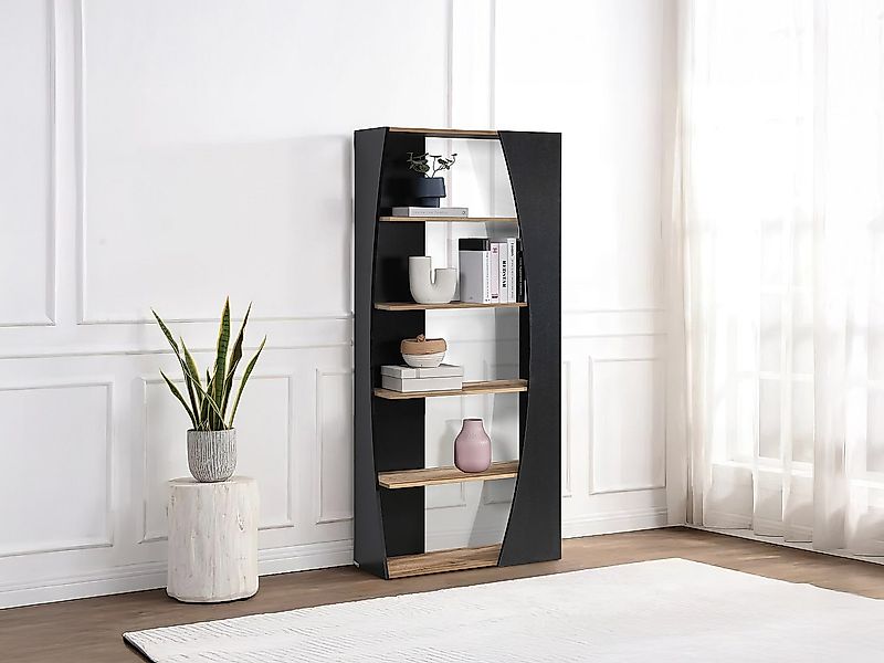 Wohnwand mit 5 Regalböden - Schwarz & Holzfarben- JILORA günstig online kaufen