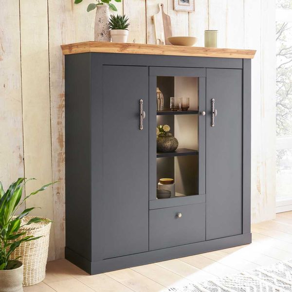 Landhaus Wohnzimmervitrine in Anthrazit Wildeichefarben günstig online kaufen