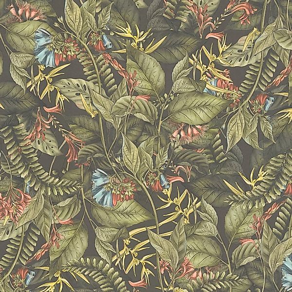 PROFHOME 394251-GU Blumen Tapete Dschungel Grün dunkel-Grün Rot Gelb 0,53 m günstig online kaufen