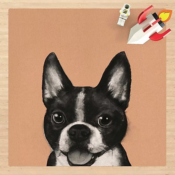 Kork-Teppich Illustration Hund Boston Schwarz Weiß Malerei günstig online kaufen
