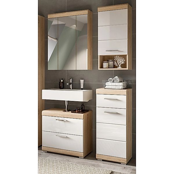 Inn.Furn Badmöbel Set in Weiß Hochglanz und Eiche 4-teilig 112 cm Mambo günstig online kaufen