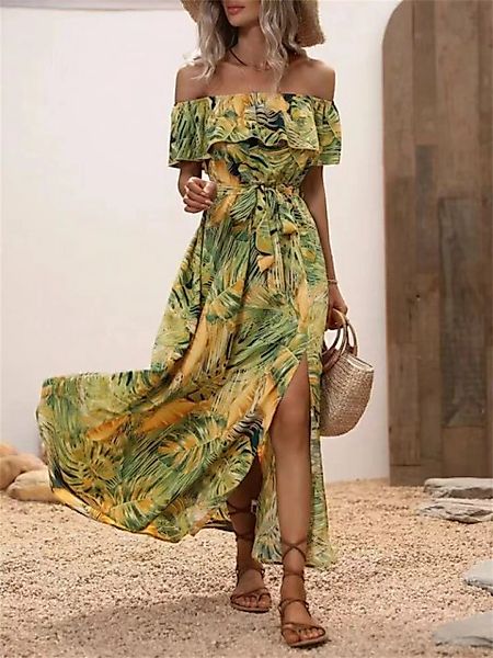 RUZU UG Dirndl Damen-Sommerkleid mit geradem Ausschnitt und gerüschter Tail günstig online kaufen