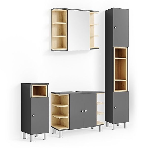 Vicco Badmöbel-Set Aquis, Anthrazit/Eiche, 4 Teile, günstig online kaufen