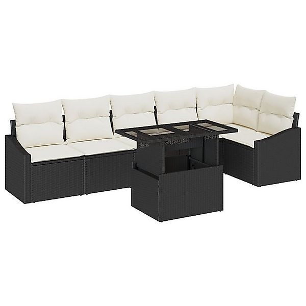 vidaXL Loungesofa 7-teiliges Garten-Sofa-Set mit Kissen Schwarz Poly Rattan günstig online kaufen