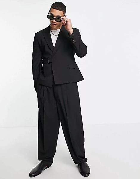 ASOS DESIGN – Anzughose aus schwarzem Twill mit hoher Taille und Ballonbein günstig online kaufen