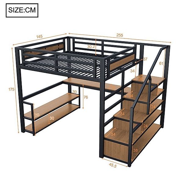 Merax Hochbett 140x200cm (255 x 145 x 175 cm, Metallbett Jugendbett Funktio günstig online kaufen