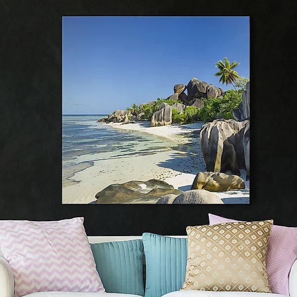 Leinwandbild - Quadrat Traumstrand Seychellen günstig online kaufen