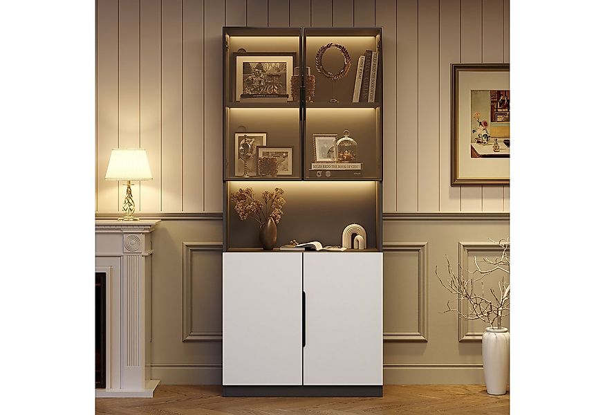 STILVORA Vitrine 2m Highboard Sideboard mit LED-leuchten und Glastüren,Beis günstig online kaufen