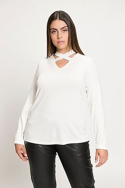 Ulla Popken Rundhalsshirt Shirt Zierbänder V-Ausschnitt Langarm günstig online kaufen