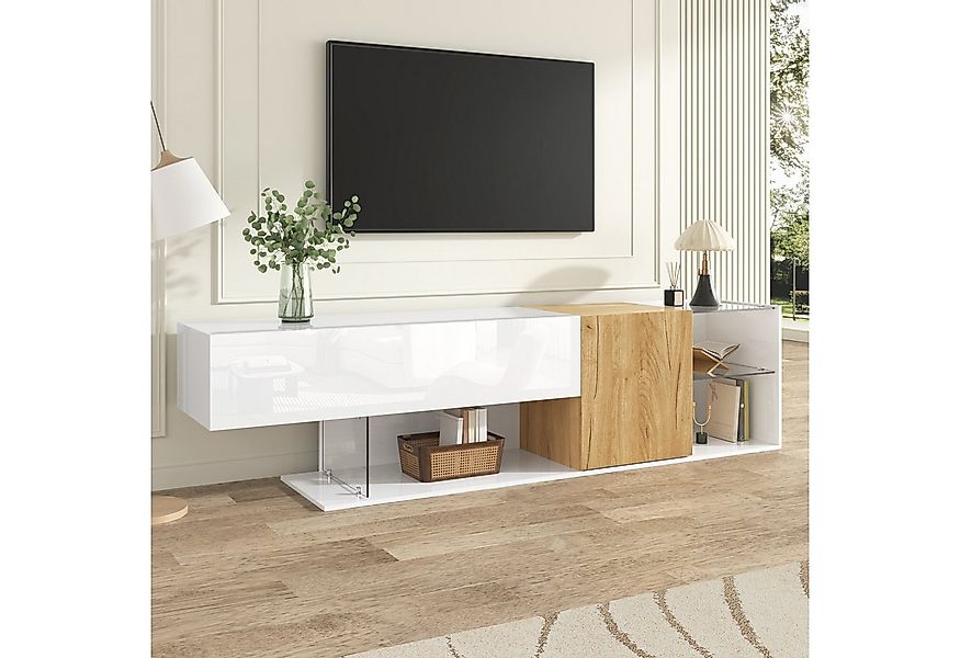 Merax Lowboard Hochglanz Weiß mit Holzoptik (1 St), TV-Schrank mit Klapptür günstig online kaufen