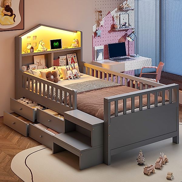 OKWISH Kinderbett Stauraumbett Holzbett (mit Sicherheitsgitter, günstig online kaufen