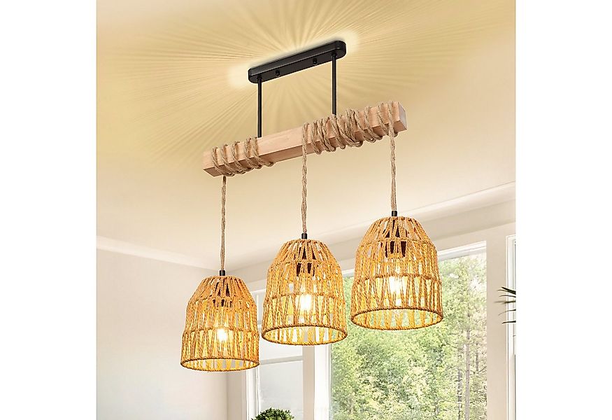 MUPOO Pendelleuchte 3-flammige Holz Hängeleuchte aus Rattan-Schirm/Holz,Höh günstig online kaufen