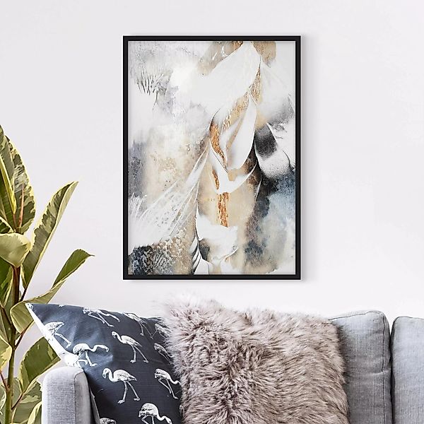 Bild mit Rahmen Abstrakt - Hochformat Goldene abstrakte Wintermalerei günstig online kaufen