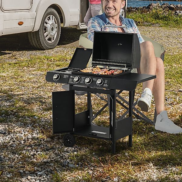 Outsunny Gasgrill BBQ Grillwagen mit 3 Brennern und 1 Seitenbrenner, Druckm günstig online kaufen