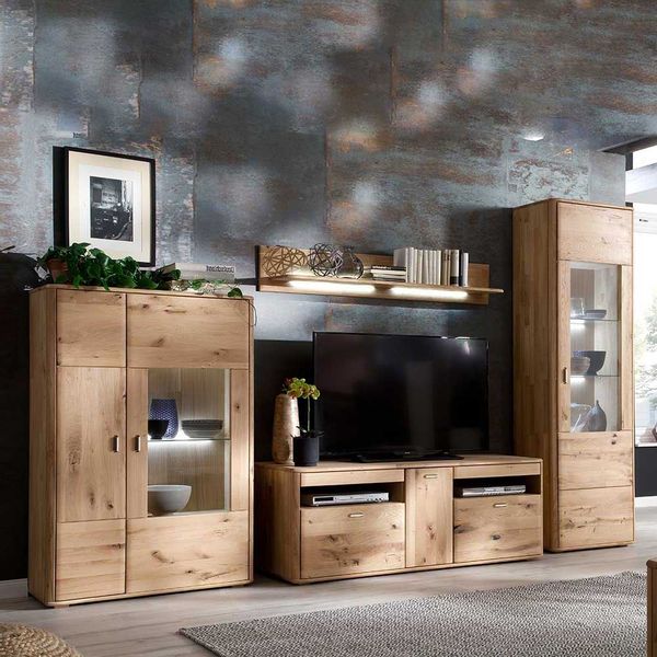 Wohnwand in Eiche Bianco Eiche Massivholz (vierteilig) günstig online kaufen