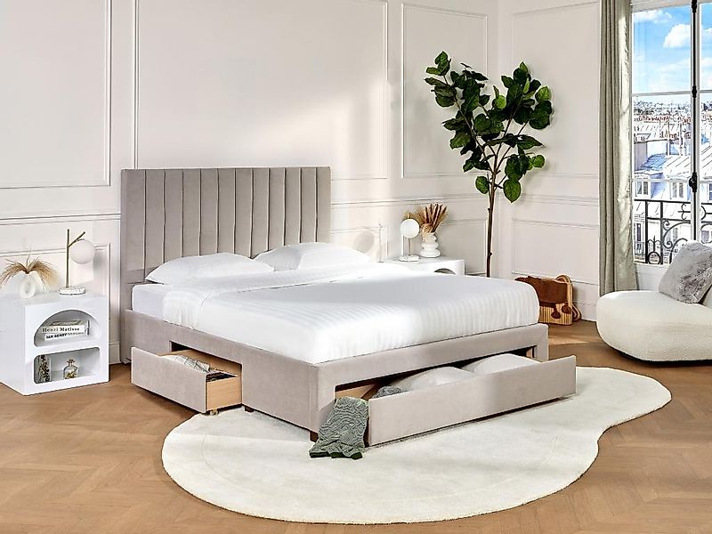 Bett mit 3 Schubladen + Matratze - 160 x 200 cm - Stoff - Beige - LIAKO günstig online kaufen