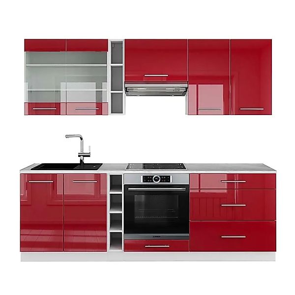 Vicco Fame-Line Küchenzeile Bordeaux Hochglanz/Weiß 235 cm AP Marmor ohne E günstig online kaufen