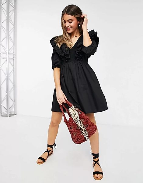 New Look – Kurzärmliges Popeline-Minikleid mit Rüschen in Schwarz günstig online kaufen