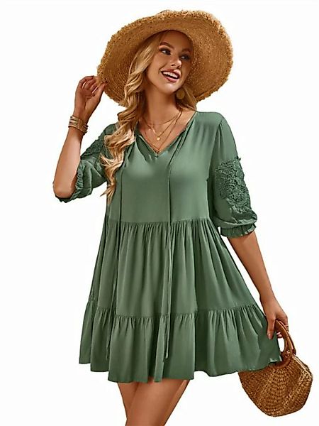 RUZU UG Dirndl Sommer-Frauen-beiläufiges einfarbiges Taillen-Band-Kleid (1- günstig online kaufen