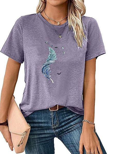 PYL Kurzarmshirt Damen bequemes Sommer Kurzarmbluse Locker Feder Print-Shir günstig online kaufen