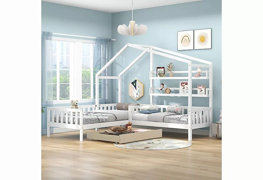 Gotagee Hausbett Kinderbett Hausbett mit Schubladen+Regalen Massivholz 90x2 günstig online kaufen