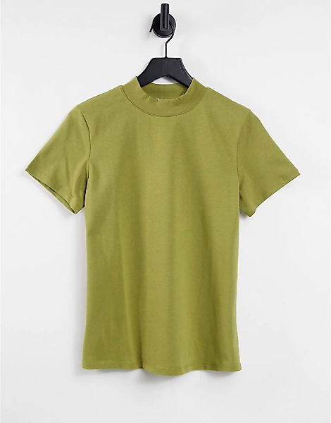 NA-KD – Hochgeschlossenes T-Shirt in Olivgrün günstig online kaufen