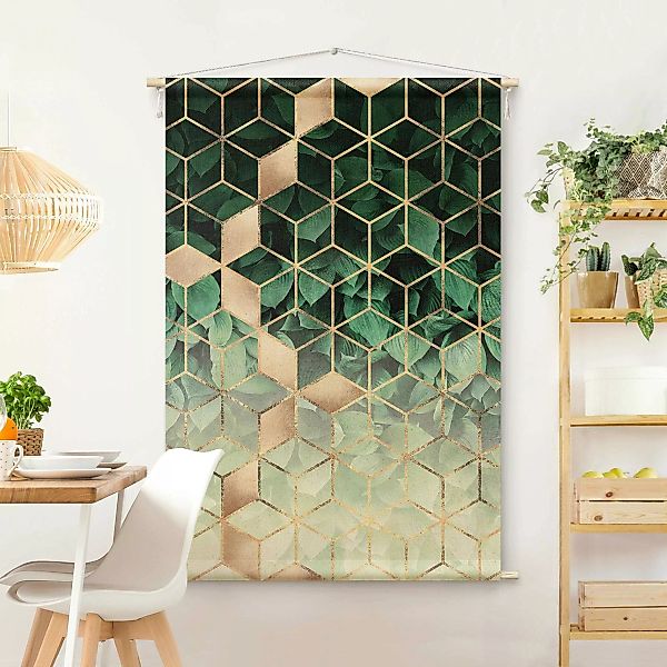 Wandteppich Grüne Blätter goldene Geometrie günstig online kaufen
