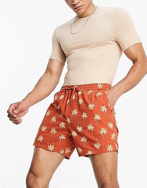 ASOS DESIGN – Kürzer geschnittene Shorts im Leinen-Look mit Palmenprint-Bra günstig online kaufen