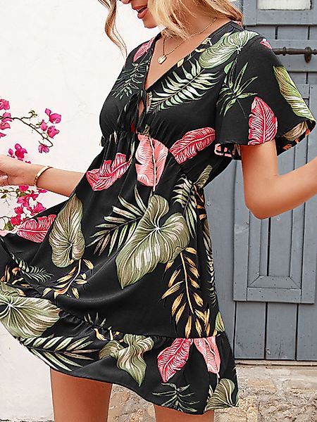 Tropical Leaf Print Tie-up Design V-Ausschnitt Kurze Ärmel Mini Kleid günstig online kaufen