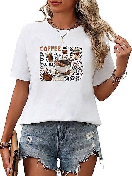 PYL Print-Shirt Damen Sommer Kurzarmbluse Locker Kaffee Print-Shirt günstig online kaufen