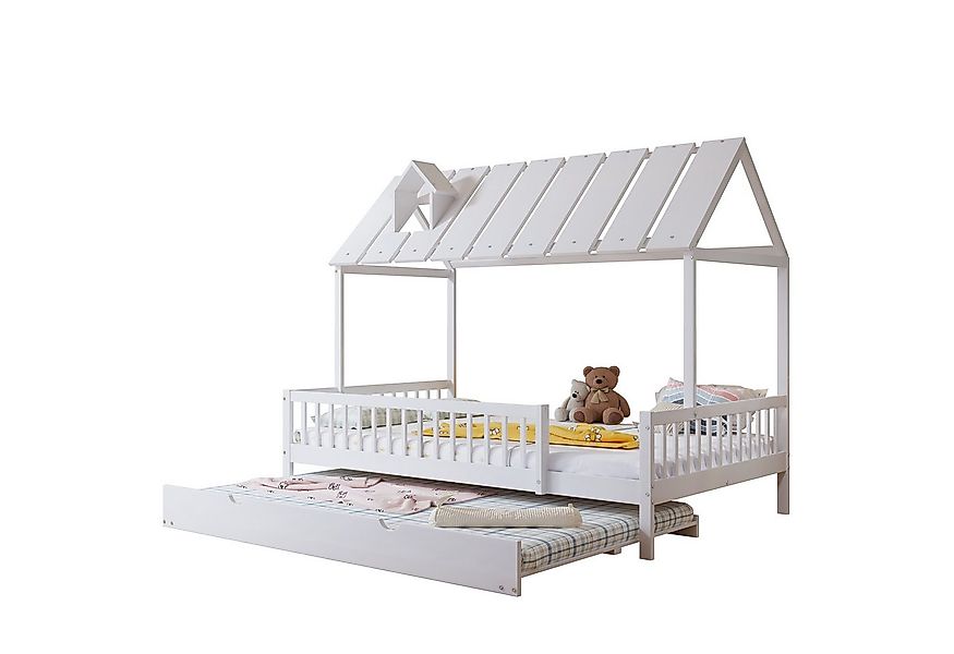 Flieks Kinderbett, Hausbett 120x200cm mit Ausziehbett 120x190cm und Dach mi günstig online kaufen
