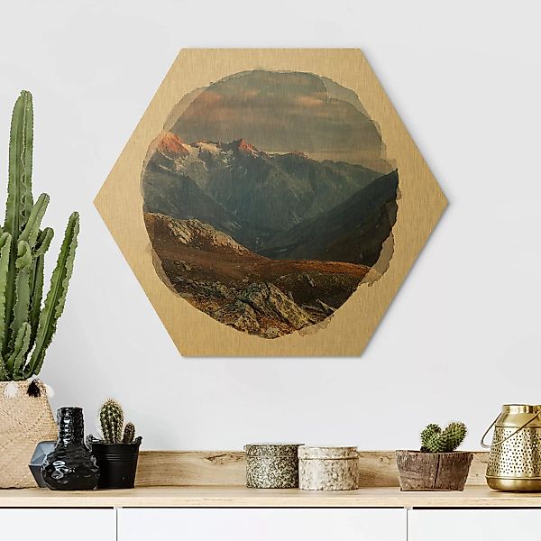 Hexagon-Alu-Dibond Bild Wasserfarben - Col de Fenêtre Schweiz günstig online kaufen