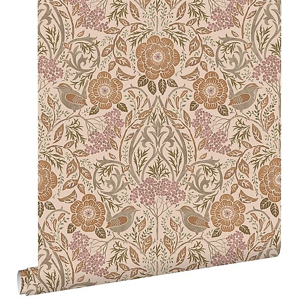 ESTAhome Tapete Blumen und Vögel im Jugendstil Beige Terrakotta und Altrosa günstig online kaufen