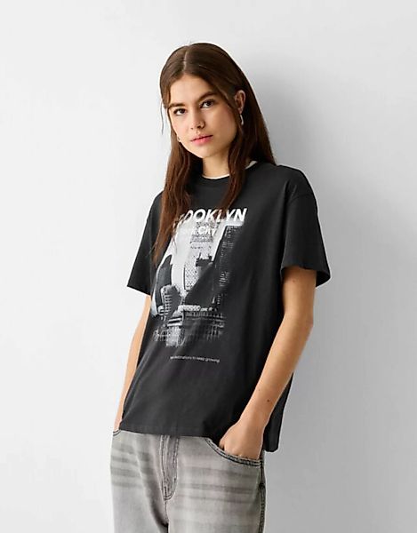 Bershka T-Shirt Mit Print Damen Xs Dunkelgrau günstig online kaufen