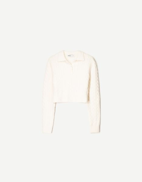 Bershka Pullover Mit Polokragen Und Flechtmuster Damen L Rohweiß günstig online kaufen