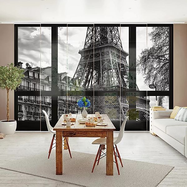 Schiebegardine Set Fensterausblick Paris - Nahe am Eiffelturm schwarz weiß günstig online kaufen