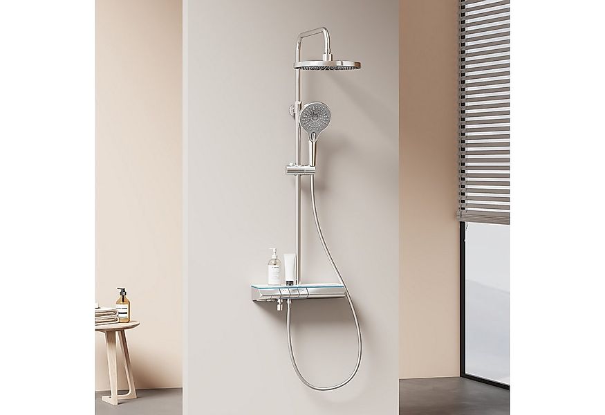 EMKE Duschsystem Duschsäule mit Ablage, Thermostat und Ambientelicht, Chrom günstig online kaufen