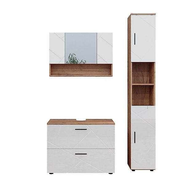 Vicco Badmöbel-Set Irma, Eiche/Weiß Hochglanz, 3 Teile, mit Spiegelschrank günstig online kaufen
