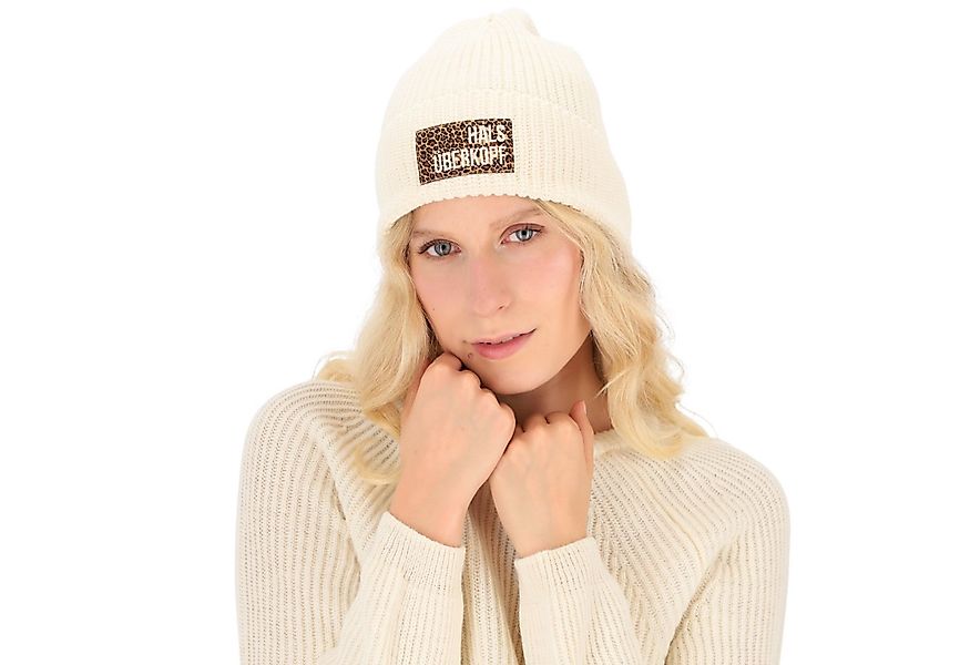 halsüberkopf Accessoires Strickmütze mit Leo-Badge und Schriftzug Halsüberk günstig online kaufen