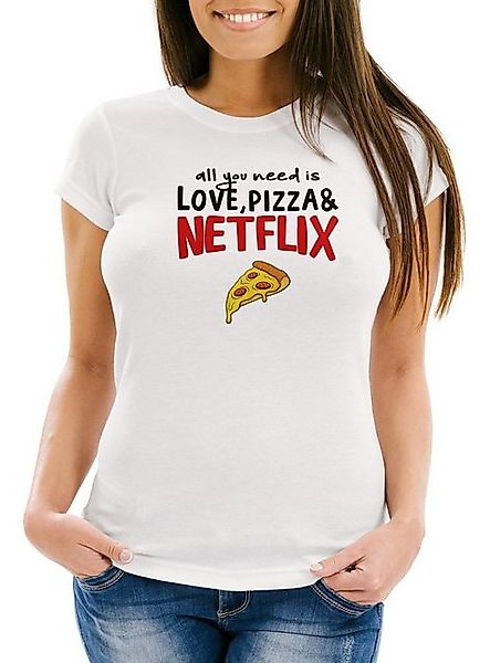 MoonWorks Print-Shirt Damen T-Shirt all you need is love, pizza and Netflix günstig online kaufen