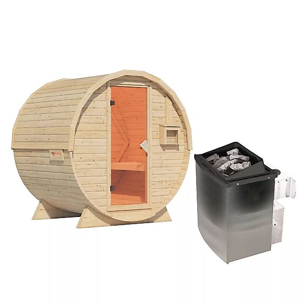 Karibu Fass-Sauna 1 Set Naturbelassen mit Ofen 9 kW integr. Steuerung günstig online kaufen