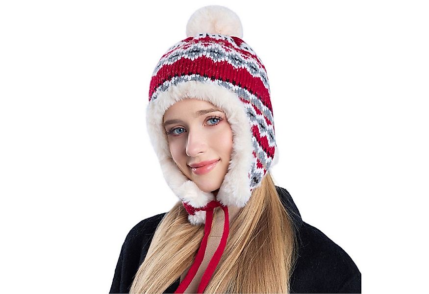 Refttenw Ohrenmütze Plüsch gestrickte Pullover Beanie,Ohrenschützer,Schnürd günstig online kaufen