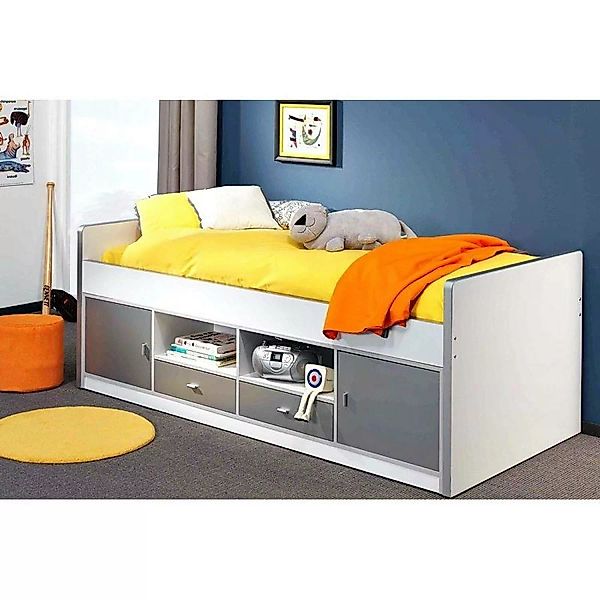 Lomadox Kinderbett, 90x200cm, mit viel Stauraum, weiß/grau günstig online kaufen