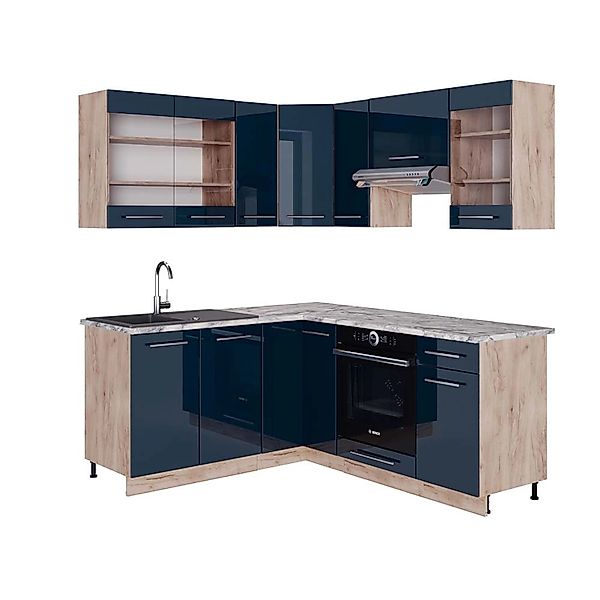 Vicco Fame-Line Eckküche Dunkelblau Hochglanz/Goldkraft Eiche 160 x 190 cm günstig online kaufen