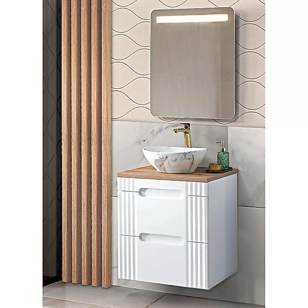 Badmöbelset weiß 60cm Waschtisch mit Waschbecken, LED-Spiegel, FAIRFIELD-56 günstig online kaufen