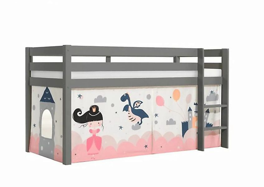 Natur24 Kinderbett Halbhohes Bett Pino mit Textilset Drache Kiefer Grau lac günstig online kaufen