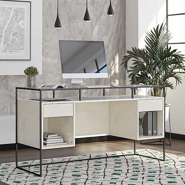 Schreibtisch mit Seitenregalen in Lichtgrau und Schwarz Strukturglasplatte günstig online kaufen