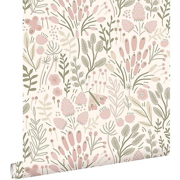 ESTAhome Tapete Blätter und Blumen Weiß und Hellrosa 50 x 900 cm günstig online kaufen