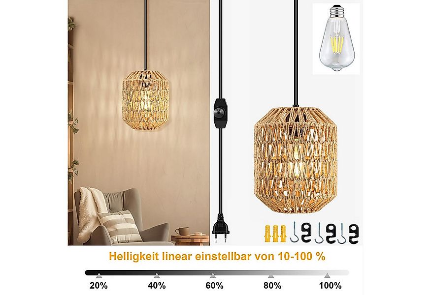 Jibenhome LED Pendelleuchte Rattan-Hängelampe mit Stecker, Dimmbar Boho-Hän günstig online kaufen